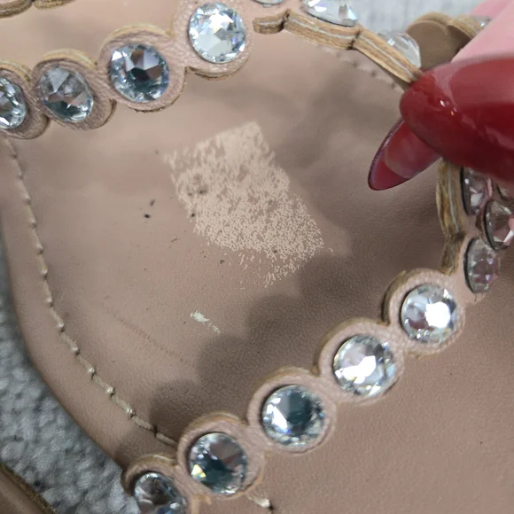 Aquazzura Tequila Crystal-Embellished Leather Flat Sandals Beige Sz 39.5 US 9.5